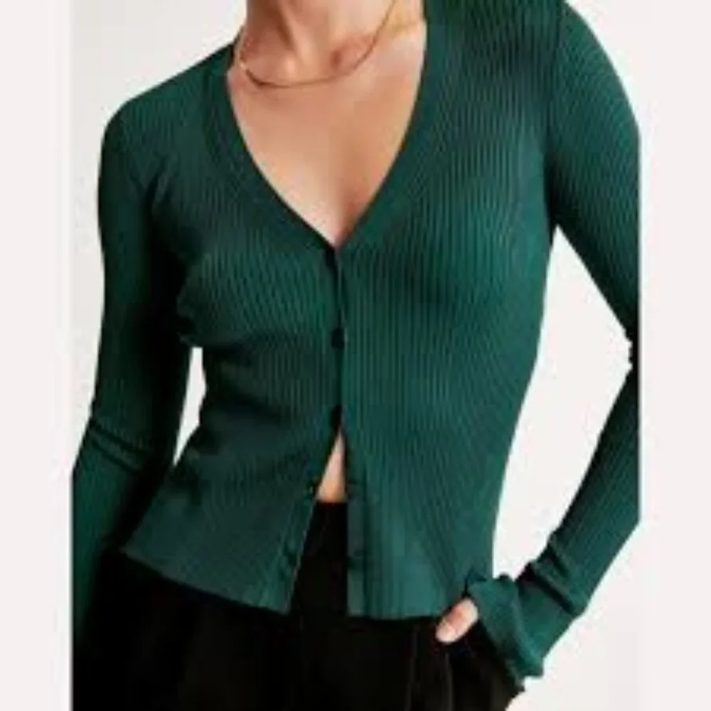 Abercrombie & Fitch Ribbed Button Front V Neck Cardigan Sweater Green - Picture 1 of 5
